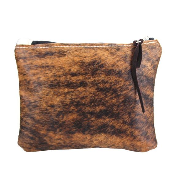 HANDCRAFTED BROWN GENUINE LEATHER PONY HAIR ZIP TOP HANDBAG CLUTCH POUCH - Picture 2 of 9